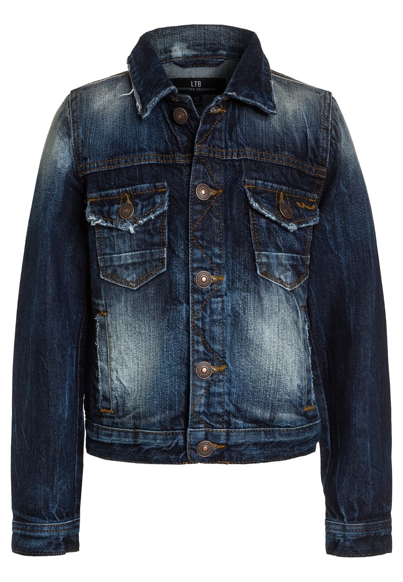 Denim jacket in dark blue with faded details. Features two front pockets, button closure, and a classic collar. Textured fabric with slight distressing.