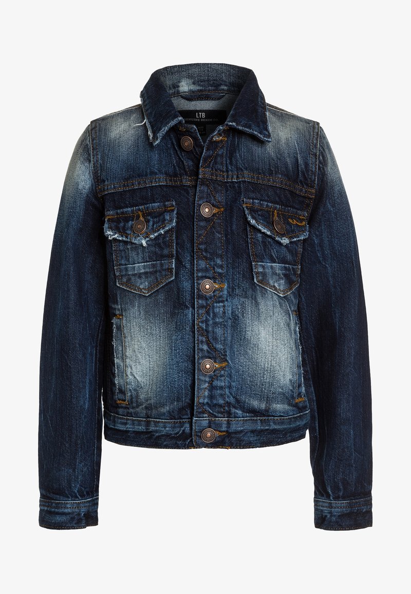 Denim jacket in dark blue with faded details. Features two front pockets, button closure, and a classic collar. Textured fabric with slight distressing.