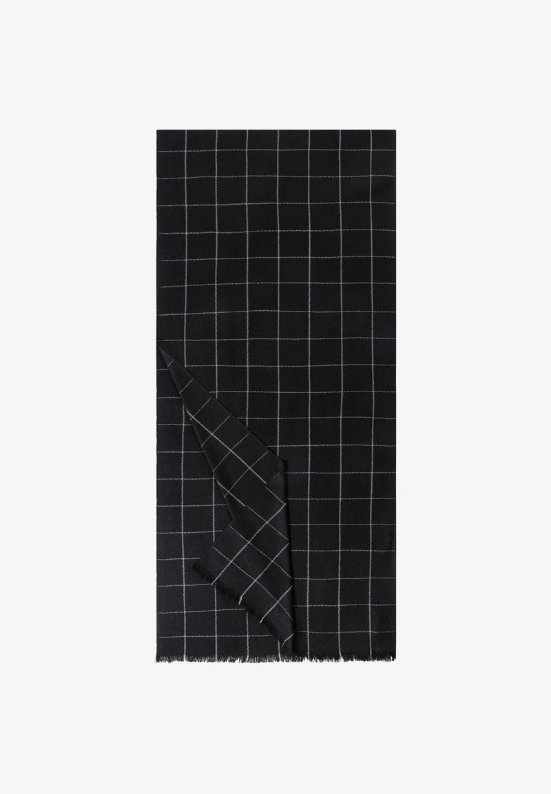 Black woven scarf with a grid pattern in white. Edges are frayed. Material appears soft with a lightweight texture. Overall rectangular shape.