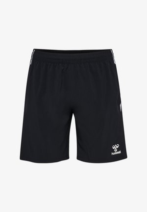 Schwarze Sportshorts aus leichtem Stoff mit elastischem Bund, Logo und weißen Seitenstreifen.