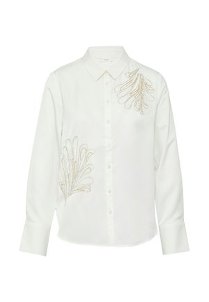 White button-up shirt with long sleeves, featuring gold and silver embroidered leaf patterns on the left side. Smooth fabric texture.