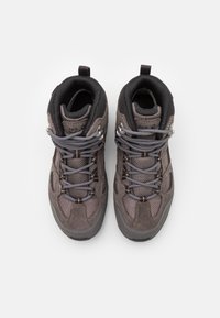 Gray hiking boots with a mix of textured mesh and suede, featuring metal eyelets, gray laces, and a padded collar for comfort.