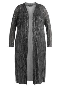 Sort lang cardigan med åben front, der har et netdesign og sølvfarvede metalliske accenter, lange ærmer og et lodret stribet mønster.