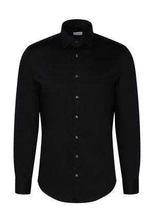 Schwarzes Langarmshirt aus glattem Stoff, mit klassischem Kragen, Knopfleiste und Manschetten. Die Knöpfe sind silbern mit glänzender Oberfl�äche.