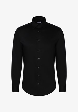 Schwarzes Langarmshirt aus glattem Stoff, mit klassischem Kragen, Knopfleiste und Manschetten. Die Knöpfe sind silbern mit glänzender Oberfläche.