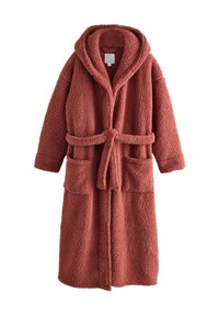 Hooded terry robe in rust color. Features a textured, fluffy fabric, tie belt, and two front pockets. Mid-length design with long sleeves.