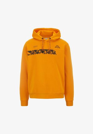 Sudadera con capucha naranja de algodón con un patrón texturizado negro en el pecho. Presenta cordones ajustables y puños acanalados.