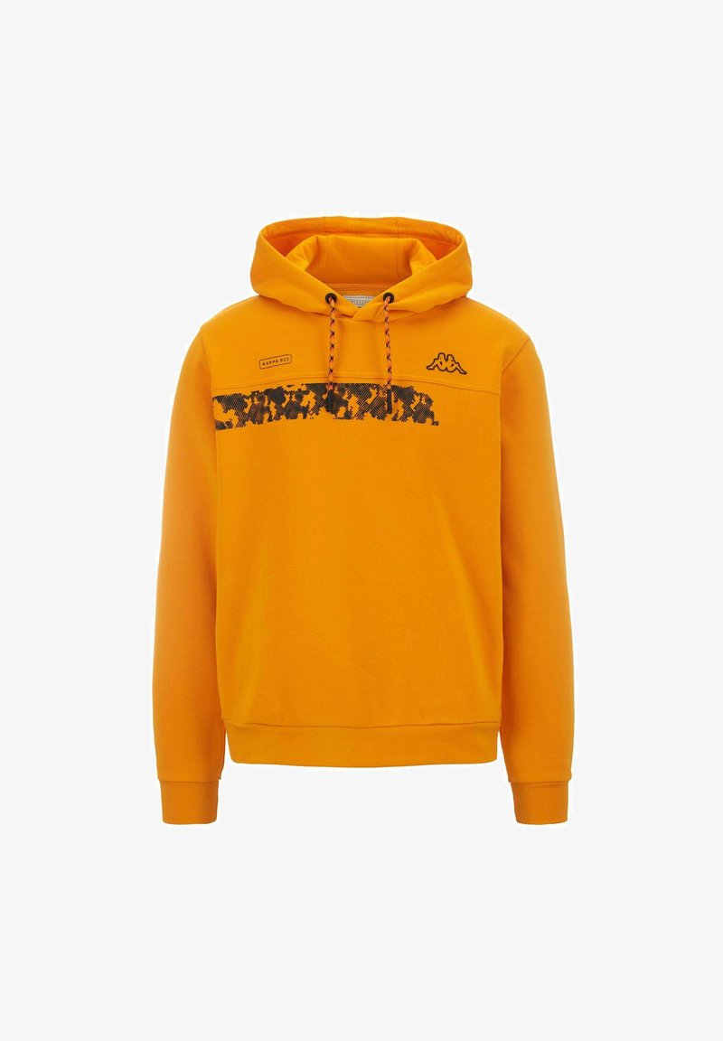 Sudadera con capucha naranja de algodón con un patrón texturizado negro en el pecho. Presenta cordones ajustables y puños acanalados.