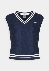 Gilet sans manches en tricot bleu marine avec un décolleté en V, présentant un motif en torsades, des accents de rayures blanches au col et à l'ourlet, ainsi que le logo "Guess".