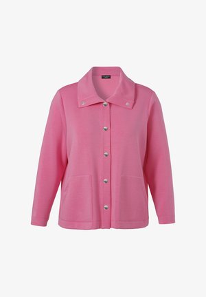 Pink long-sleeve jacket with snap buttons down the front, two front pockets, and a wide collar with additional snap details.
