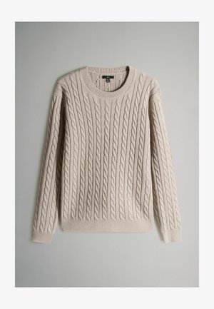Light beige cable knit sweater with a crew neckline, long sleeves, ribbed cuffs, and bottom hem. Soft texture and prominent raised pattern.
