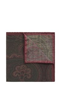 Tasku neliö, joka on valmistettu puuvillasta ja jota koristaa tumma vihreä paisley-kuvio maroon-värisin korostuksin, reunustettu maroon-värisellä reunalla ja vastakkaisella teksturoidulla kankaalla.