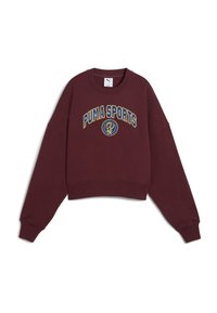 Bordeaux cropped sweatshirt lavet af blødt stof har en rund halsudskæring, sænkede skuldre og "PUMA SPORTS" grafik i gul og blå.