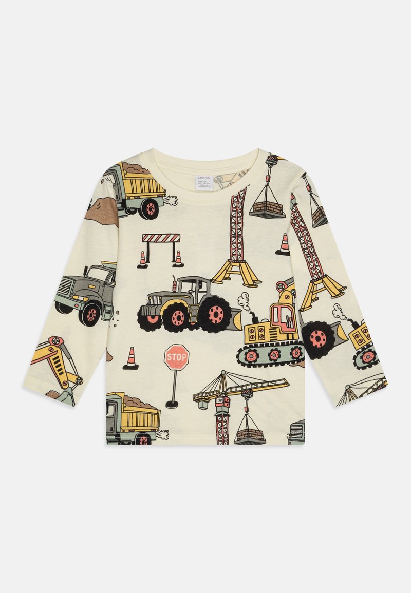 Long-sleeve beige T-shirt featuring colorful construction vehicle graphics, including trucks and cranes, with a soft, smooth texture.