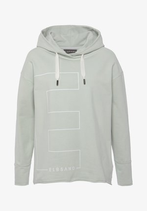 Sudadera con capucha verde claro en tejido suave, con un gran diseño geométrico blanco en forma de "E" y cordones con puntas negras.
