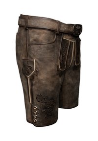 Pantalones cortos de cuero marrón con bordados decorativos, múltiples bolsillos, costuras en contraste y detalles de metal en los laterales.