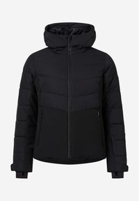 Veste matelassée noire avec capuche, fermeture éclair intégrale à l'avant, manches longues et deux poches latérales zippées.