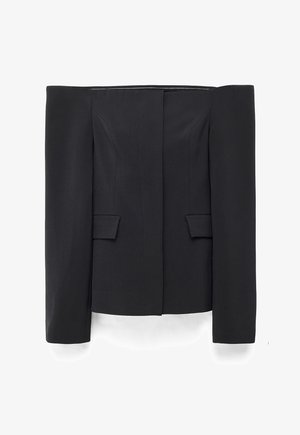 Black off-shoulder blazer with long sleeves, structured seams, and two front flap pockets, designed for formal wear.