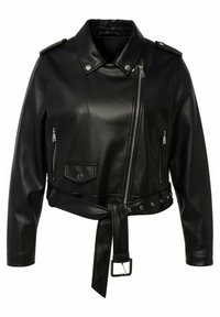 Giacca da motociclista in pelle nera con vita regolabile, zip frontale asimmetrica, spalline, tasche frontali e dettagli in metallo argentato.