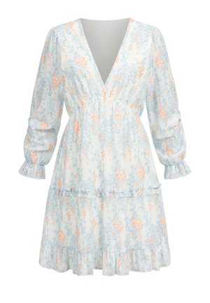 Květinové šaty v světle modré barvě s oranžovými akcenty. Mají hluboký výstřih do V, nabírané rukávy a vrstvený volánový lem. Textura jako hedvábí.