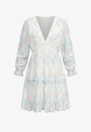 Květinové šaty v světle modré barvě s oranžovými akcenty. Mají hluboký výstřih do V, nabírané rukávy a vrstvený volánový lem. Textura jako hedvábí.