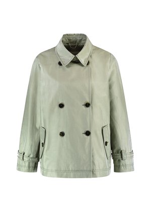 Doppelreiher-Mantel in hellgrün, aus glattem, glänzendem Material. Verfügt über große schwarze Knöpfe, einen spitzen Kragen und Seitentaschen.
