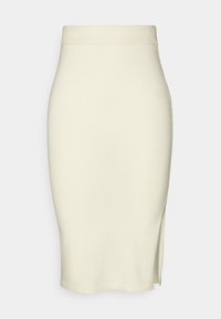Knee-length beige skirt with a stretchy knit waistband, featuring a side slit for ease of movement and a smooth, textured fabric finish.