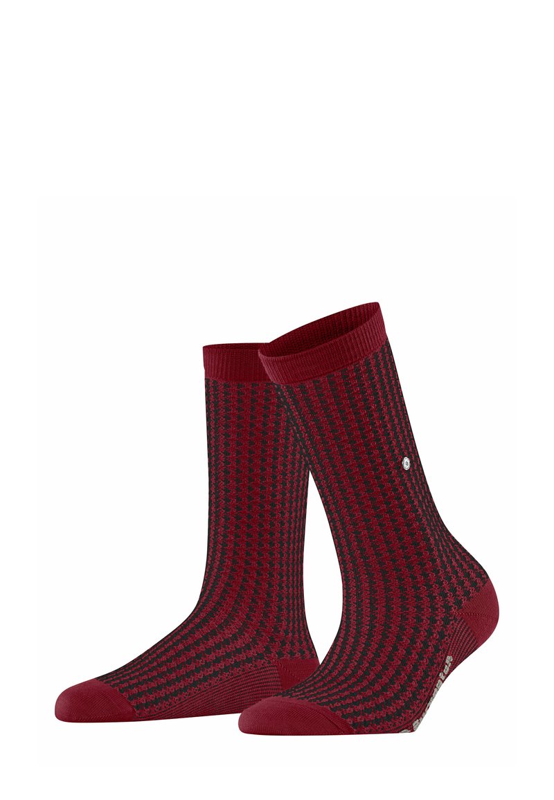 Rot- und graugegliederte Socken mit geripptem Struktur, verstärkter Zehe und Ferse, einem einfarbigen roten Bündchen und einem kleinen Markenlogo.
