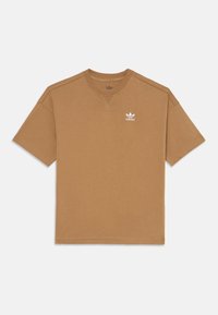 Rjava bombažna majica s krožnim izrezom, kratkimi rokavi in belim Adidasovim logotipom na levi prsni strani. Gladka tekstura, sproščen kroj.