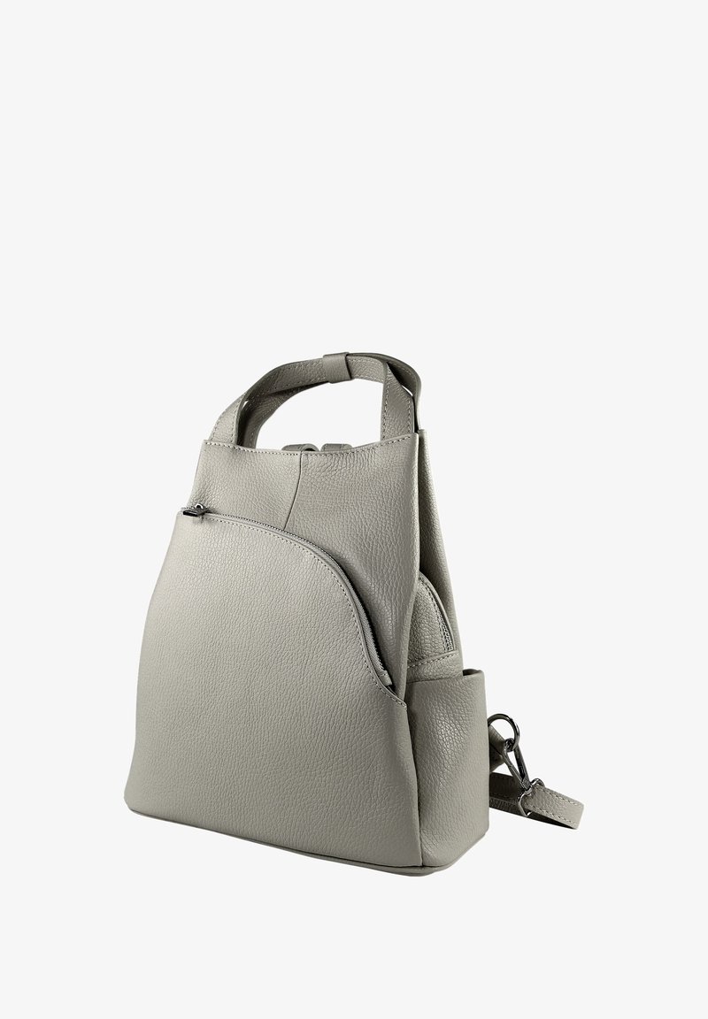 Gray leather backpack with textured surface, double handles, and a front zip pocket. Features a detachable strap for versatility.