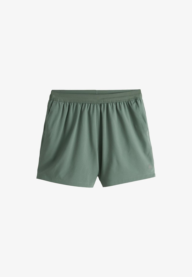 Shorts de sport verts avec taille élastique et poches latérales, conçus pour le confort et la pratique active.
