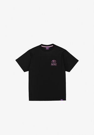 Black short-sleeve cotton t-shirt features a pink graphic logo on the left chest and a contrasting pink inner neck label.