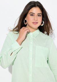 Camicia button-up verde chiaro a righe con colletto, maniche lunghe e tasca. Realizzata in un tessuto morbido con bottoni bianchi.