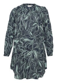 Tunique bleu marine avec une coupe ample, ornée d'un motif floral vert clair. Manches longues et décolleté rond avec un détail en bouton.