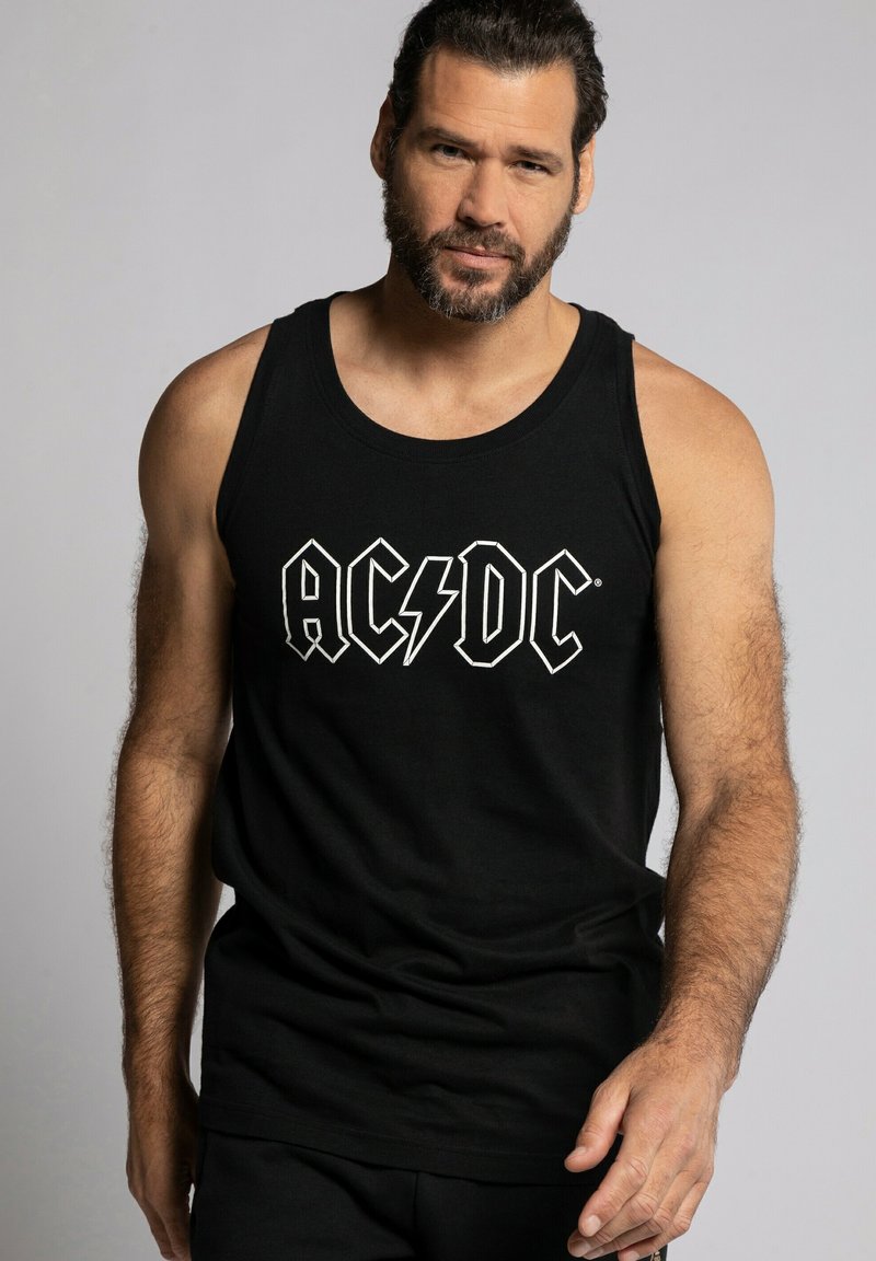 Zwarte katoenen tanktop met het "AC/DC"-logo in het wit, voorzien van een bliksemschichtontwerp. Eenvoudige, mouwloze snit met een ronde halslijn.