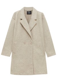 Manteau beige en mélange de laine avec un devant croisé, de grands revers, deux poches latérales et une coupe décontractée. Surface texturée avec un éclat minimal.