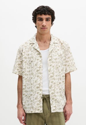 Man met krullend donker haar, gekleed in een beige shirt met korte mouwen met een groene bladprint, wit hemdje en olijfgroene broek met trekkoord.