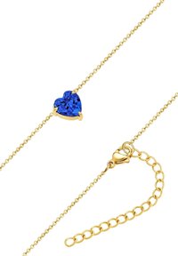 Goldene Kettenhalskette mit einem herzförmigen blauen Edelstein-Anhänger, der mit einer polierten Oberfläche und einem Karabinerverschluss für sicheren Halt ausgestattet ist.