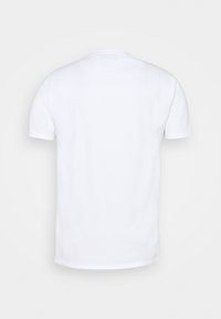 White cotton t-shirt with a crew neckline and short sleeves. Smooth texture, simple design, and no visible graphics or patterns on the back.