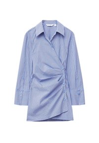 Blau-weiße gestreifte Hemdbluse mit maßgeschneidetem Kragen, Wickeldesign, langen Ärmeln und asymmetrischem Saum. Mit blauen Knöpfen.