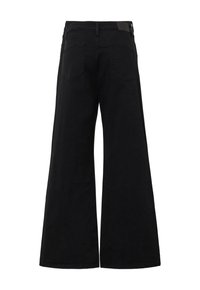 Schwarze weit geschnittene Hose mit hoher Taille, aus glattem Stoff, mit zwei Gesäßtaschen und einem dezenten Taillendetail.