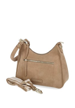 Hellbraune Ledertasche mit vorderer Reißverschlusstasche, abnehmbarem gemustertem Stoffriemen und silberfarbenen Details.