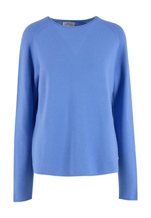 Blauer langärmeliger Pullover aus strukturiertem Strickstoff mit runder Ausschnitt und seitlichen Schlitzen, mit lockerer Passform und minimalen Details.