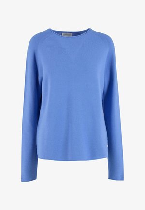 Pull bleu à manches longues en tricot texturé, avec un col rond et des fentes sur les côtés, arborant une coupe décontractée et des détails minimaux.