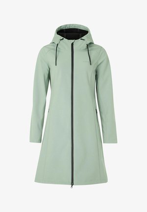 Zielony softshellowy płaszcz z kapturem, zamek błyskawiczny z przodu i kontrastującymi czarnymi akcentami. Posiada długie rękawy i dwie boczne kieszenie. Gładka tekstura.