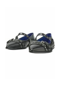 Black leather shoes with a rounded toe, thin straps featuring silver grommets, and a buckle detail on the side. Bright blue interior visible.