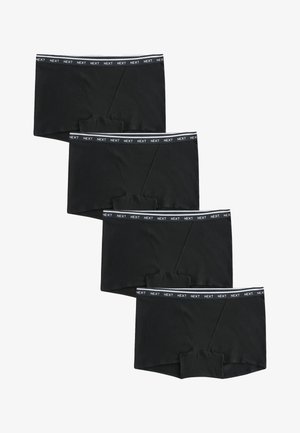 Vier schwarze Boxershorts vertikal gestapelt, jeweils mit einem schwarzen Bund, auf dem das Wort "NEXT" in Weiß wiederholt rundherum zu sehen ist.