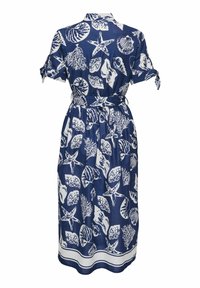 Robe midi bleu marine avec motifs blancs de coquillages, étoiles de mer et coraux, manches courtes avec liens, col chemise et ceinture à la taille.