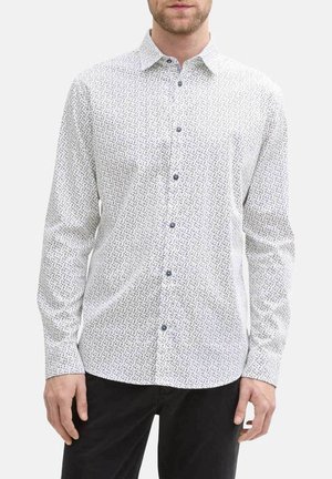 Weißes Langarmhemd mit einem kleinen, verstreuten blauen und schwarzen Muster; Knopfdesign mit dunklen Knöpfen; der Stoff wirkt glatt und leicht.