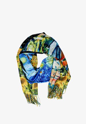 Foulard di seta multicolore con stampe artistiche, inclusi vortici blu e vivaci motivi floreali, con bordi frangiati.